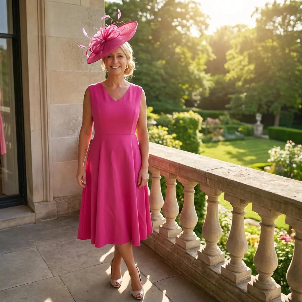 Woman in a Lizabella a-line pink mother of the bride dress and matching pink fascinator hat ready for wedding. Signature Dress.