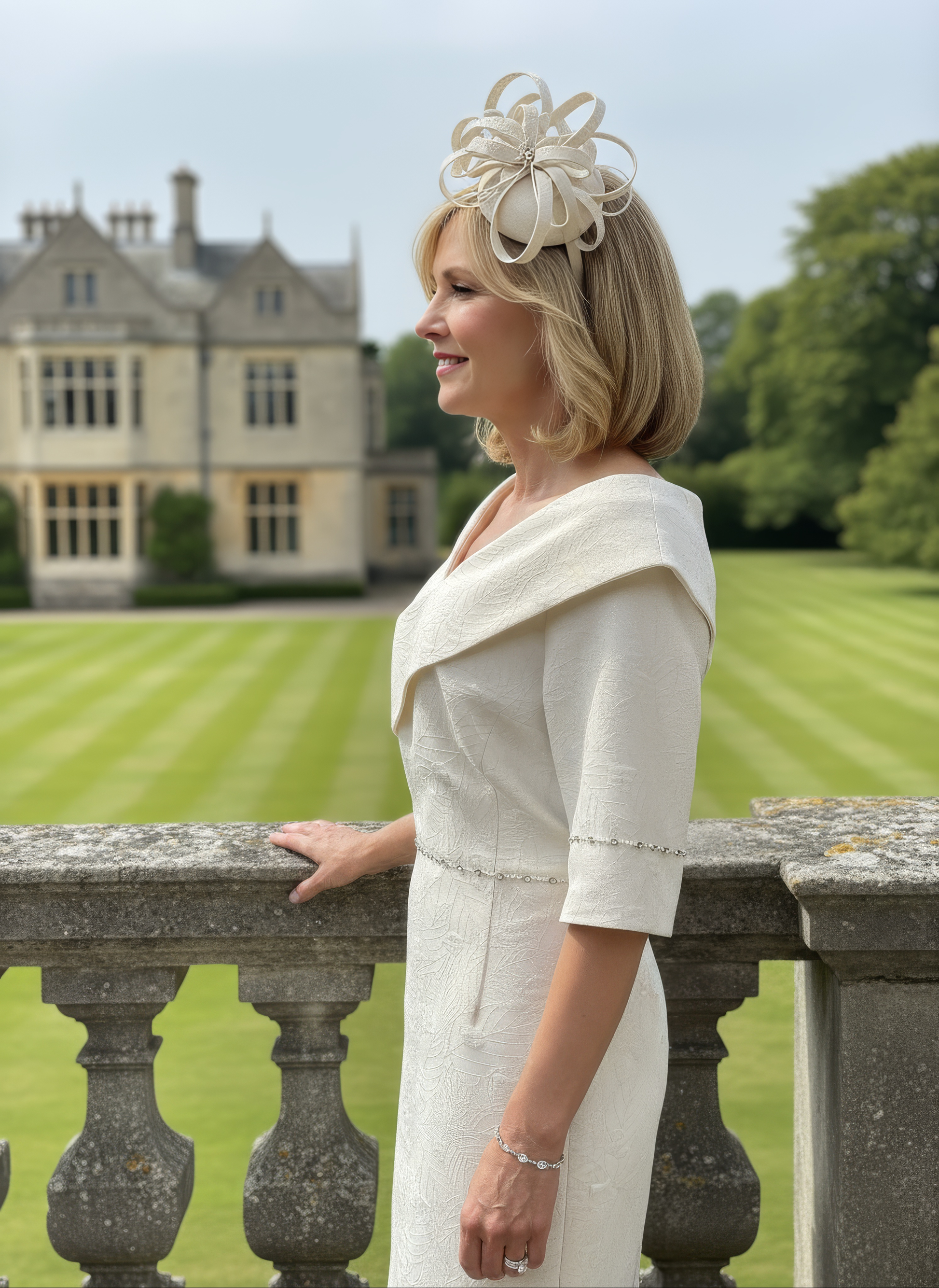 Woman in a lizabella gold sheath mother of the bride dress with a floral headpiece standing outdoors with a scenic background