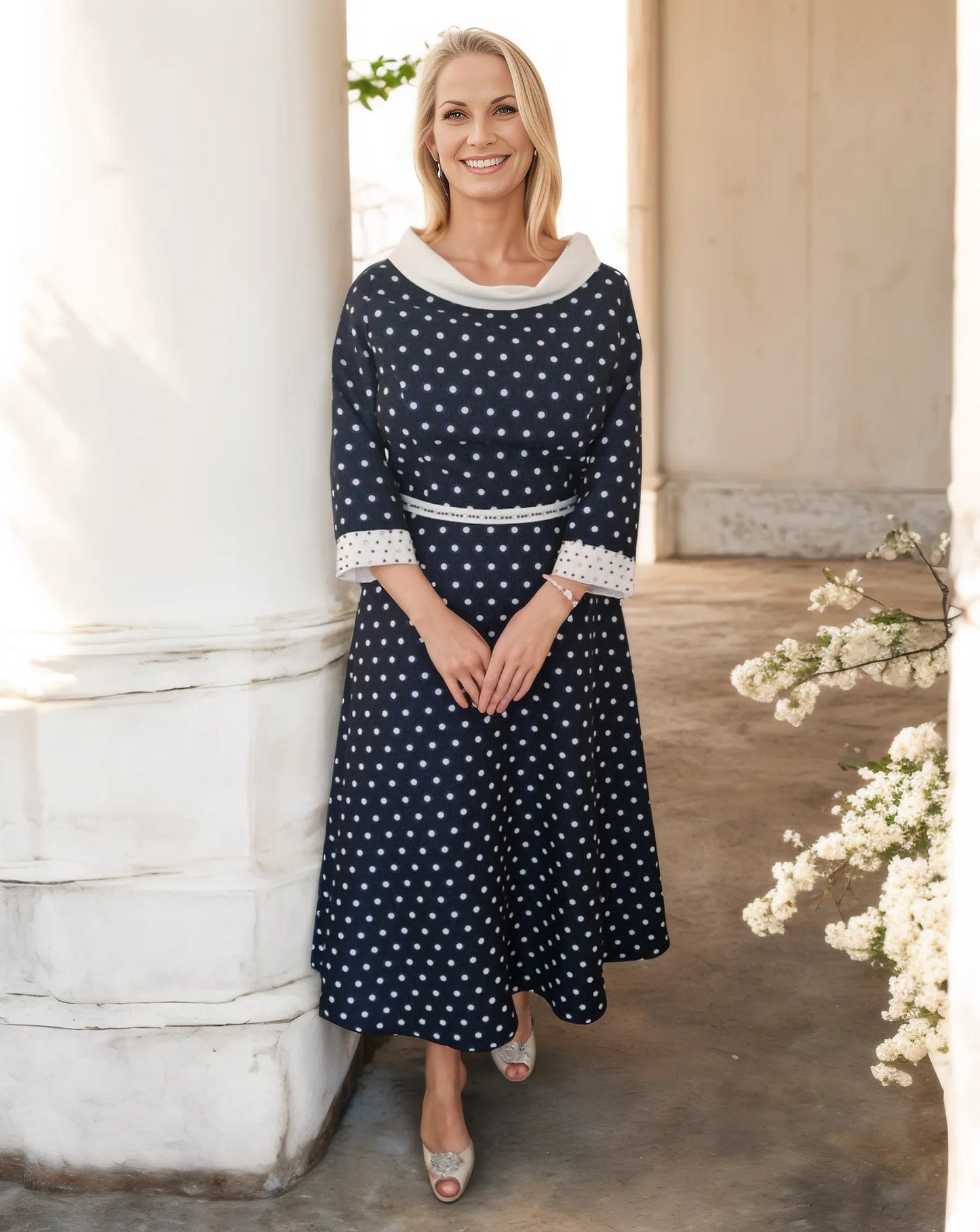 Lizabella 2526- Navy Spot Sparkle Dress

Be the centre of attention at any special occasion with this stunning Lizabella 2526 Navy Spots dress! Its striking polka dot design and elegant collar and cuff detail will make you stand out, while the side slip pockets add convenience and charm. Ideal for the Mother of the bride or groom, this dress is perfect for any event that requires a touch of grace and elegance. Signature Dress