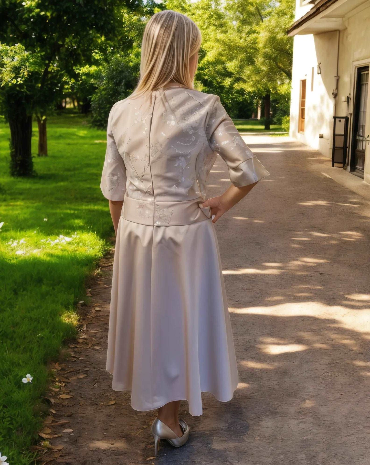 A delightful pale taupe dress that flatters your figure with its peplum waist and 3/4 sleeves embellished with beads. Perfect for special occasions like being a mother of the bride or groom, or dressing up for a wedding! The stunning fit and flare design features a playful touch with a chiffon collar, floral patterned bodice, and sparkling diamante accents on the waist and sleeve cuffs.