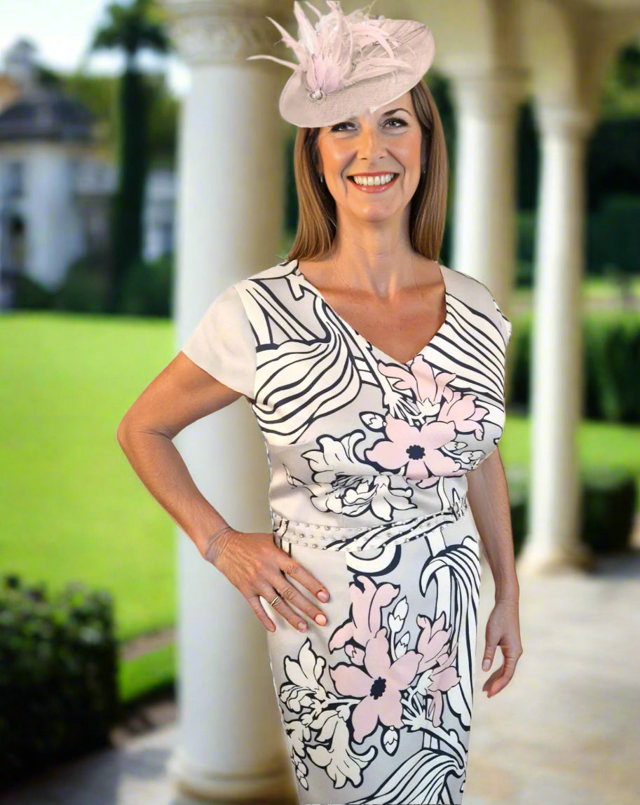 Lizabella Silver Blush Dress. Made from floral satin with cap sleeves and floral print. Perfect for mother of the bride or groom.