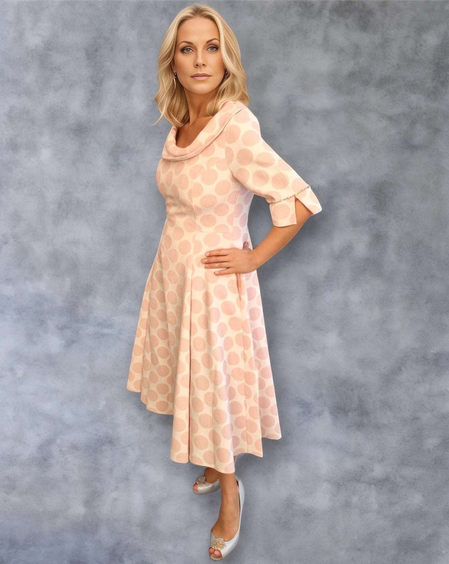 The dress is made from stretch material, ensuring comfort and flexibility. With its 3/4 sleeves and full skirt, it creates a flattering silhouette. Additionally, the dress includes slip pockets, providing convenience. The pokerdot spots print adds a playful and stylish element to this exquisite dress.