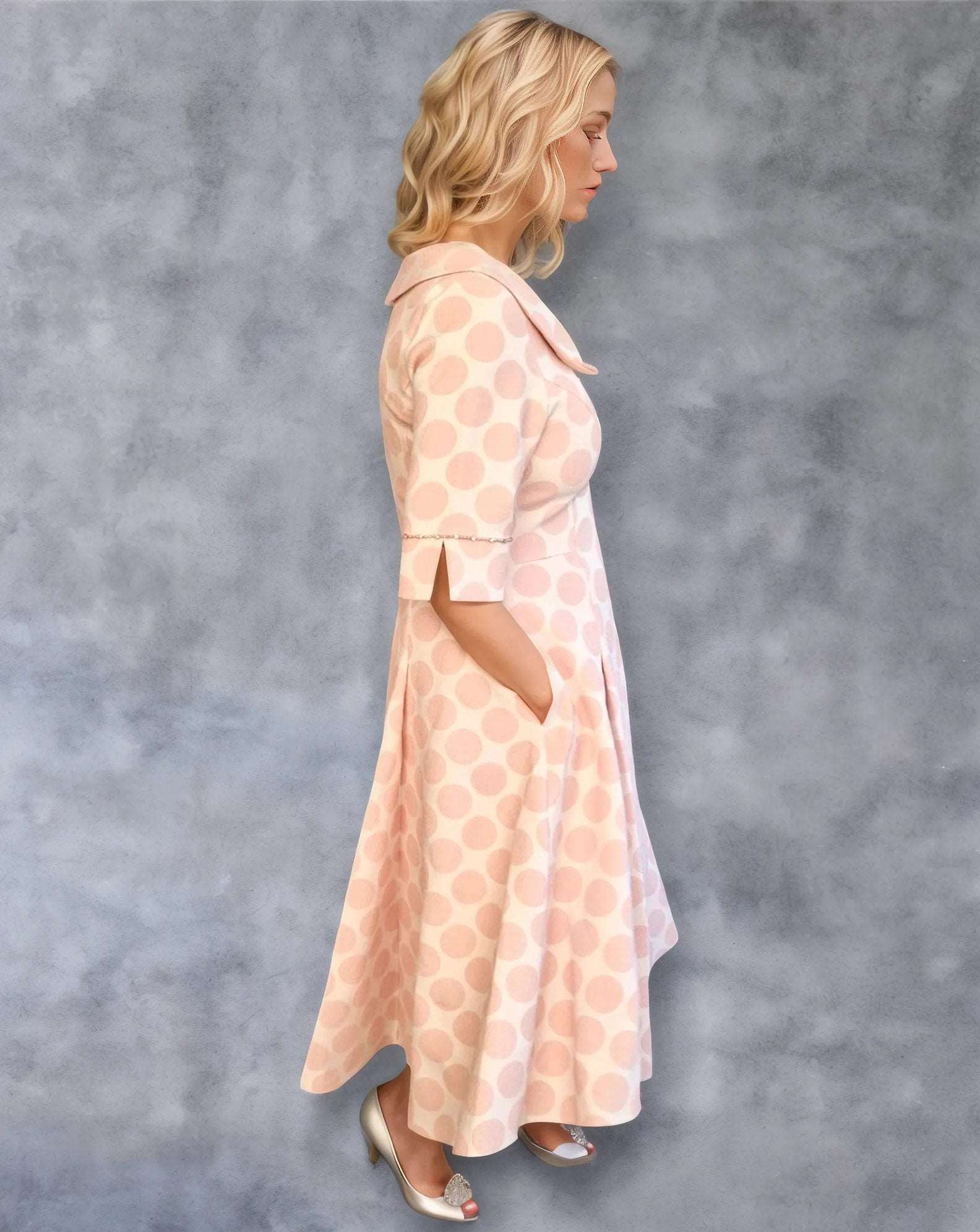 The dress is made from stretch material, ensuring comfort and flexibility. With its 3/4 sleeves and full skirt, it creates a flattering silhouette. Additionally, the dress includes slip pockets, providing convenience. The pokerdot spots print adds a playful and stylish element to this exquisite dress.