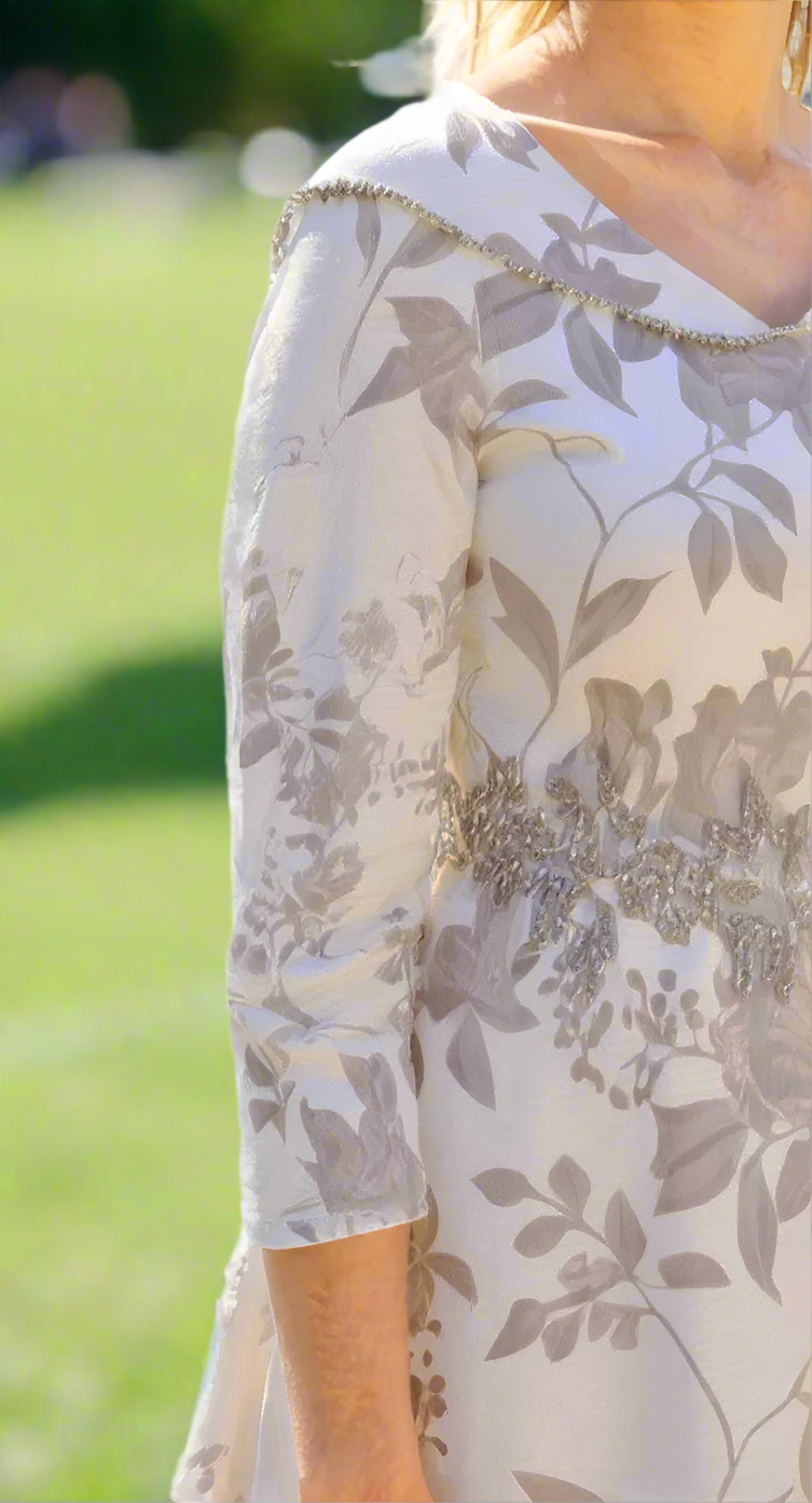 Close-up of a floral dress with intricate detailing on a light background