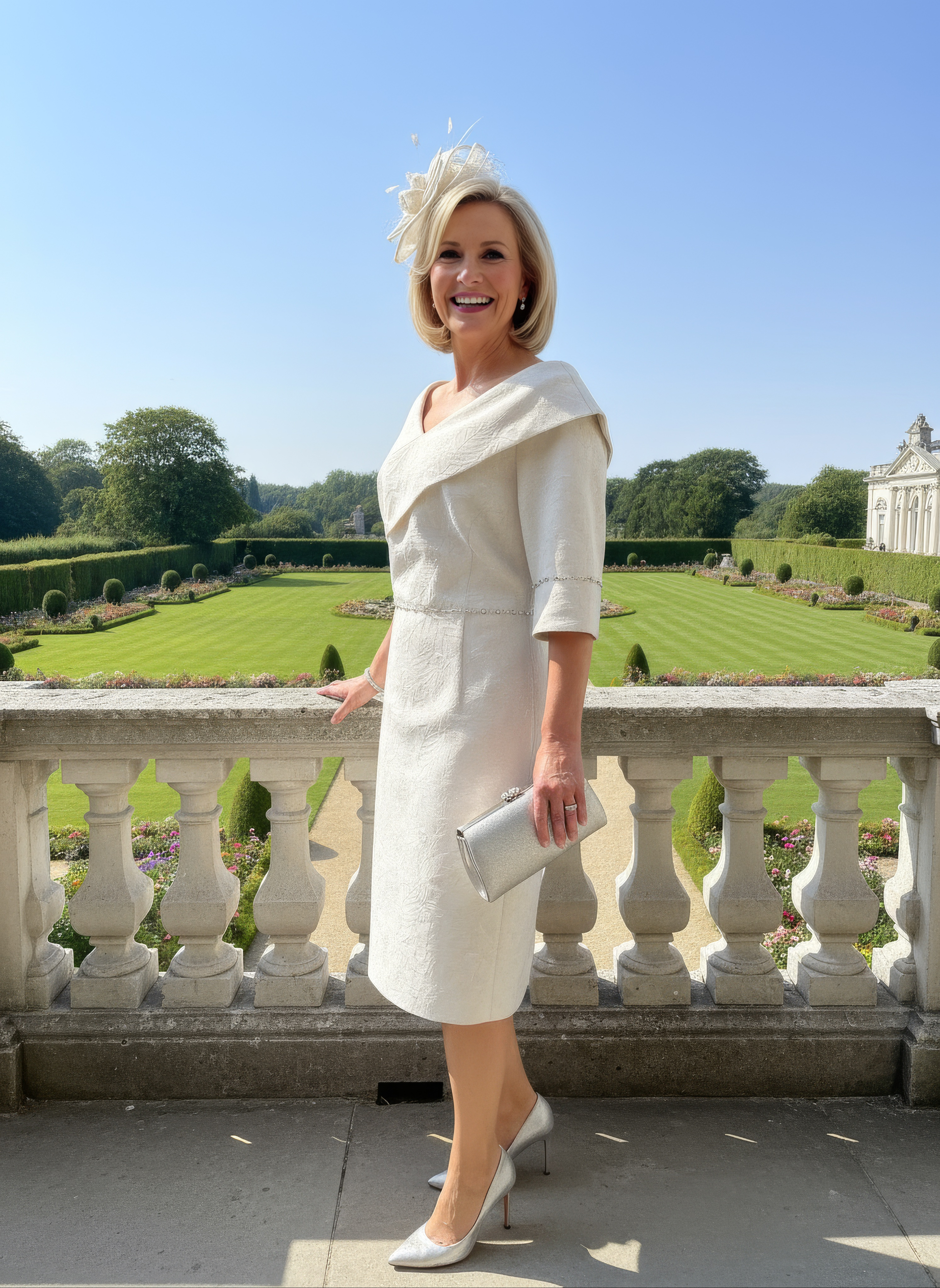 Woman in a lizabella gold sheath mother of the bride dress with a floral headpiece standing outdoors with a scenic background