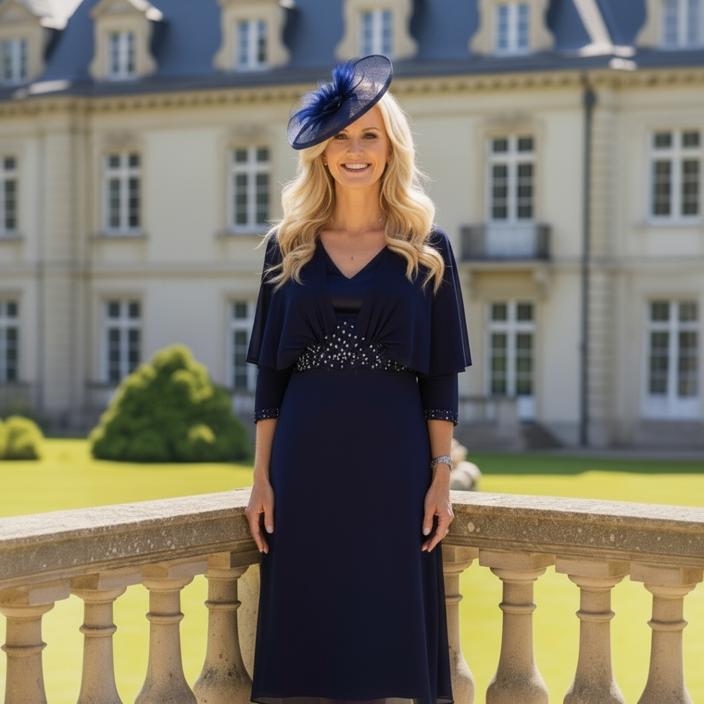 Woman in a navy blue dress with a matching hat standing in front of a large building.