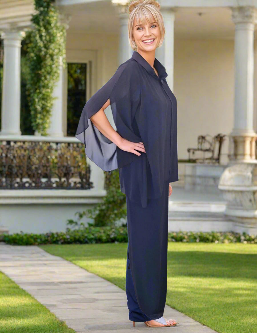 Lizabella Mother of the Bride pant suit. With an elasticated waist and a chiffon overlay. The pull-over top/jacket, features embellished beads and long sleeves.