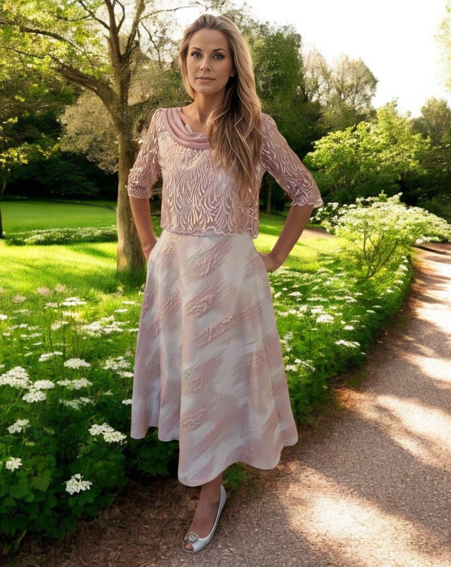 This beautiful 2 piece outfit for the Mother of the Bride features a stunning pink fit and flare dress paired with a lace over jacket. The waist is adorned with beautiful beads and pearls, and the skirt even has convenient slip pockets.