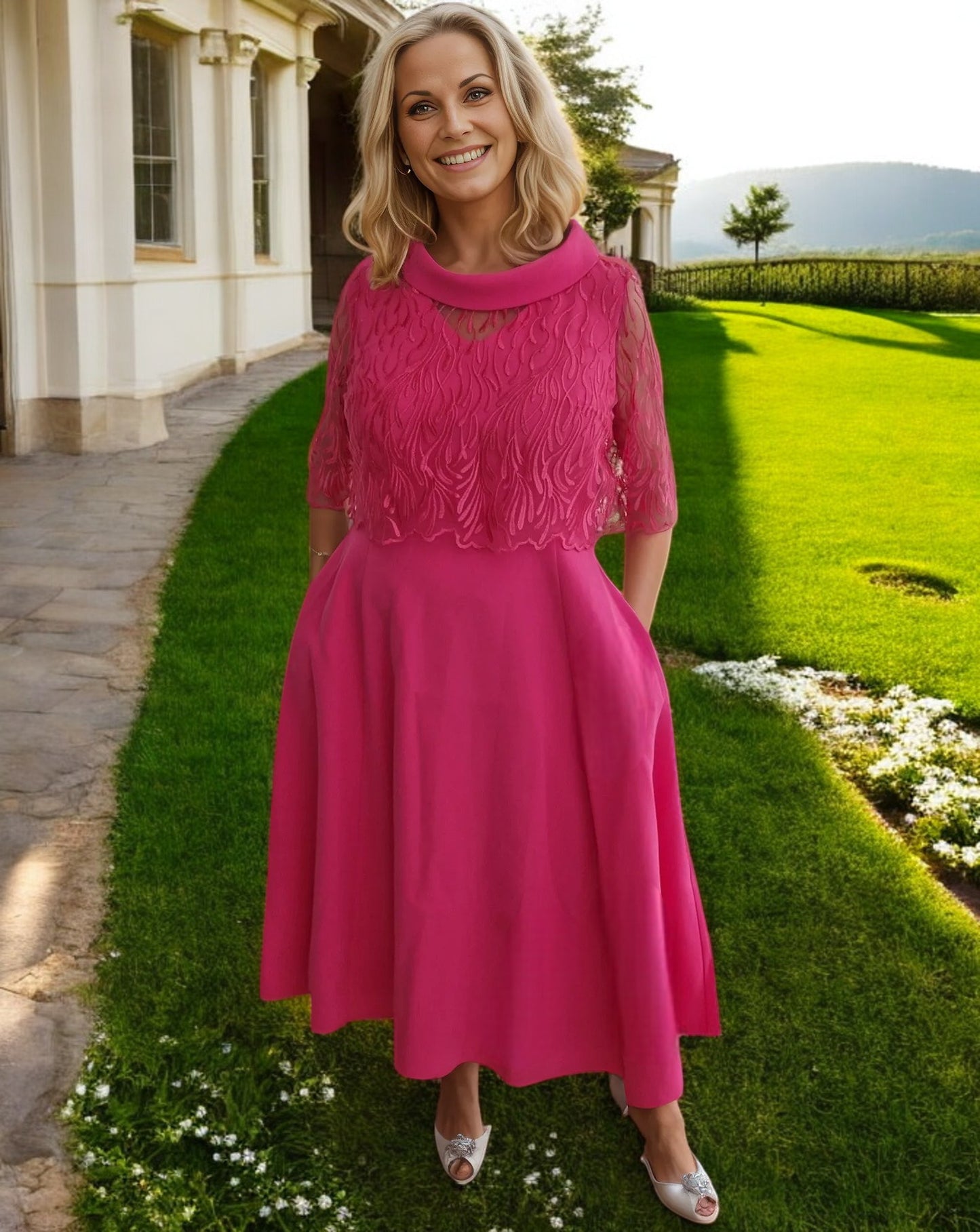 Lizabella Pink Dress 7221


This beautiful dress with v neckline has a lace overtop which fastens to the back. A full skirt with side seam pockets. Fully Lined with back zip fastening.