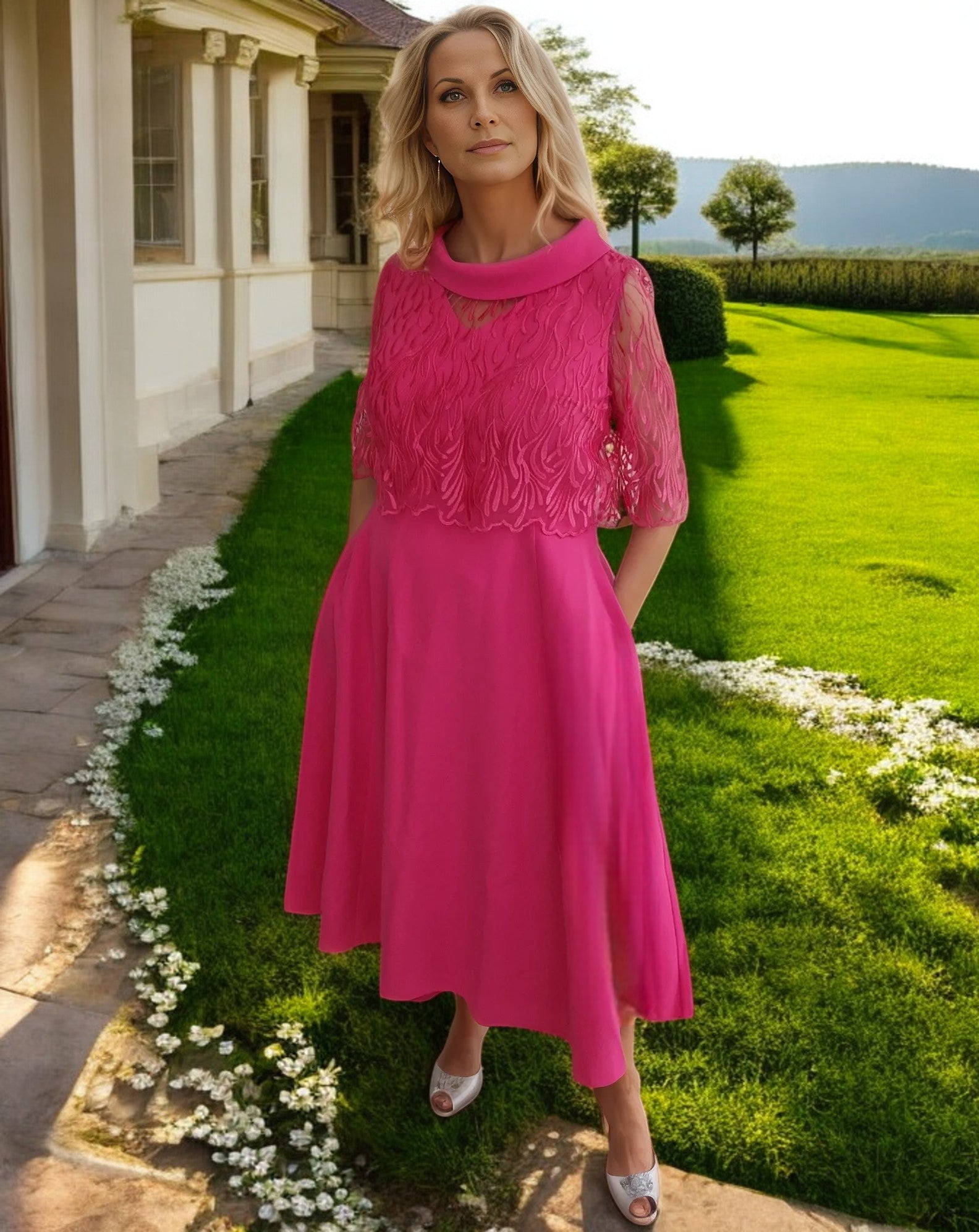 Lizabella Pink Dress 7221


This beautiful dress with v neckline has a lace overtop which fastens to the back. A full skirt with side seam pockets. Fully Lined with back zip fastening.