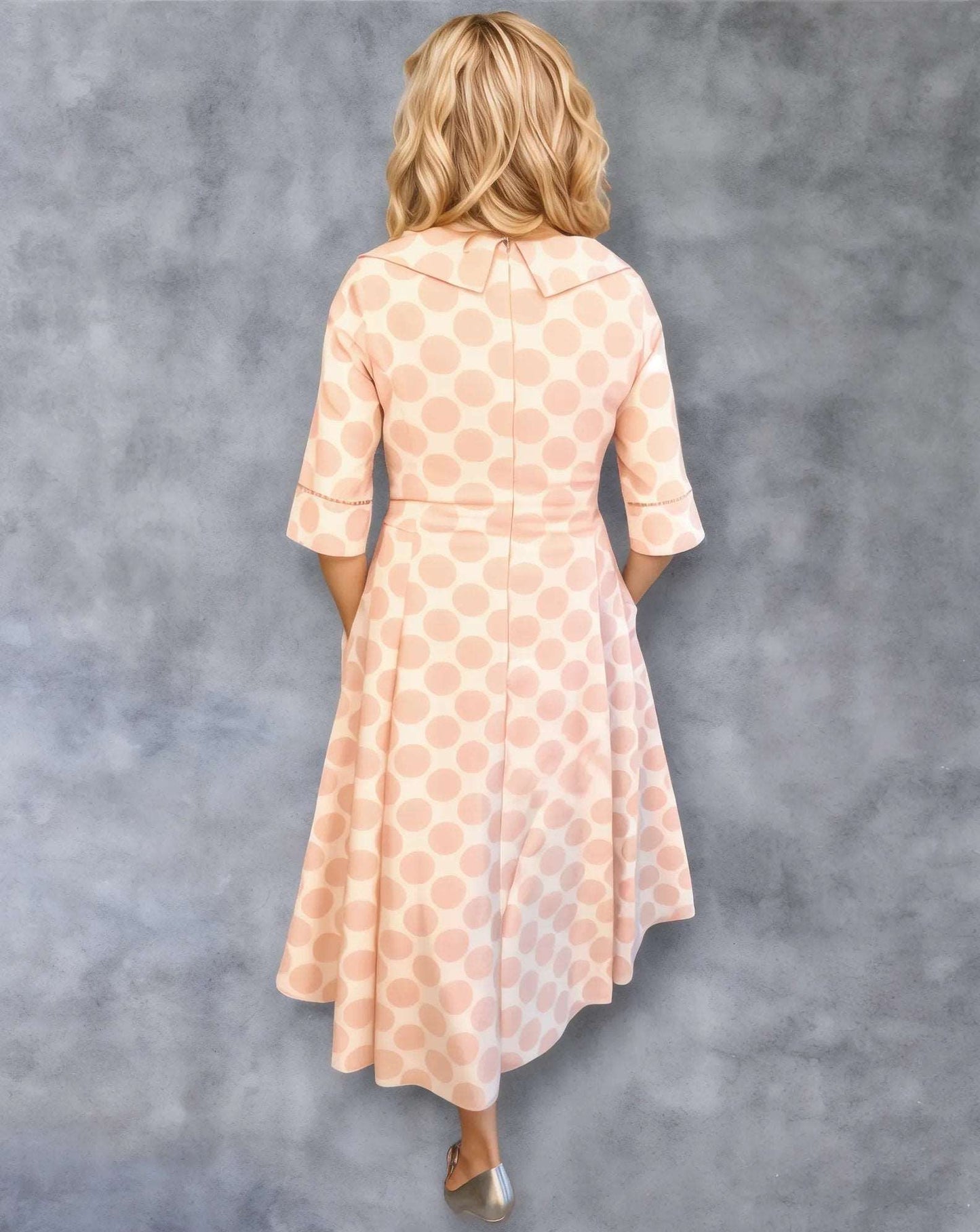 The dress is made from stretch material, ensuring comfort and flexibility. With its 3/4 sleeves and full skirt, it creates a flattering silhouette. Additionally, the dress includes slip pockets, providing convenience. The pokerdot spots print adds a playful and stylish element to this exquisite dress.