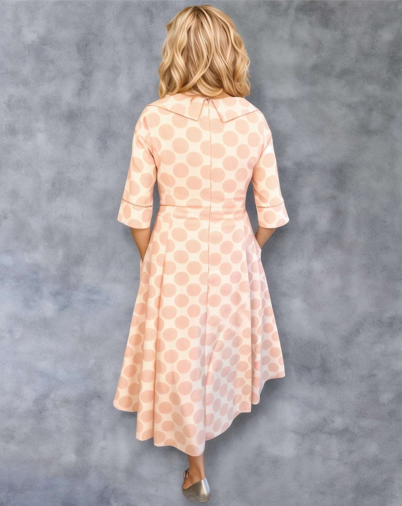 The dress is made from stretch material, ensuring comfort and flexibility. With its 3/4 sleeves and full skirt, it creates a flattering silhouette. Additionally, the dress includes slip pockets, providing convenience. The pokerdot spots print adds a playful and stylish element to this exquisite dress.