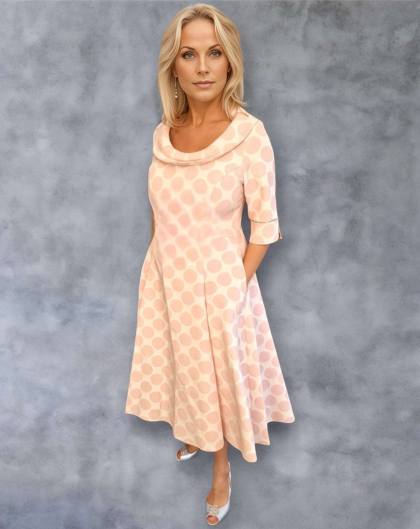 The dress is made from stretch material, ensuring comfort and flexibility. With its 3/4 sleeves and full skirt, it creates a flattering silhouette. Additionally, the dress includes slip pockets, providing convenience. The pokerdot spots print adds a playful and stylish element to this exquisite dress.