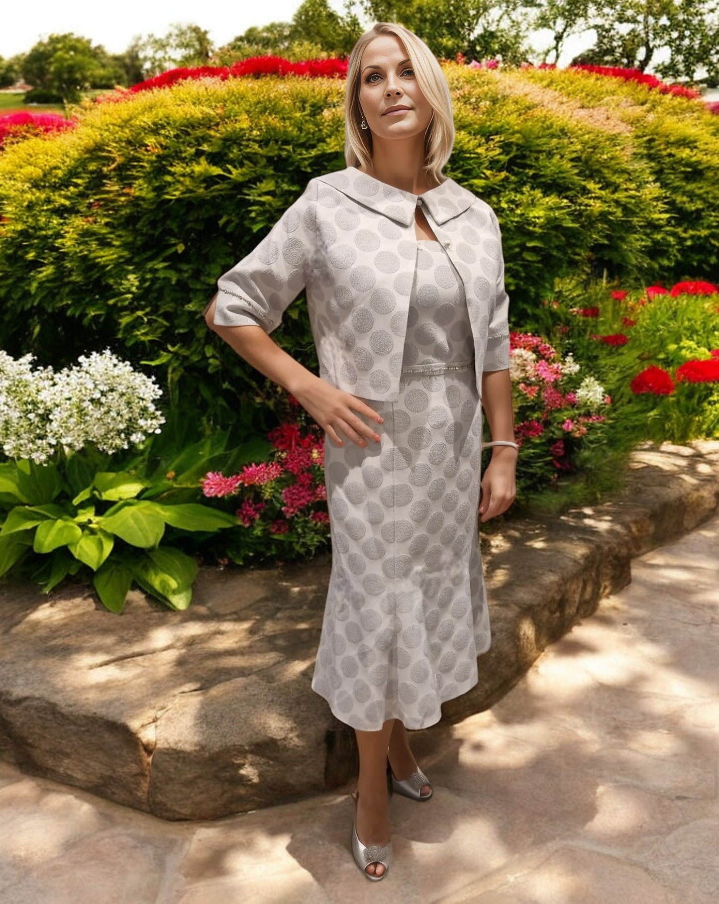 Lizabella is known for their expertise in mother of the bride attire. This outfit, consisting of two pieces, boasts a beautiful polka dot design adorned with exquisite beads and pearls for a touch of sophistication. With its stretchy fabric, the dress ensures a comfortable fit, while the zip closure and functional slip pocket add practicality. The ensemble also comes with a matching two-way jacket.