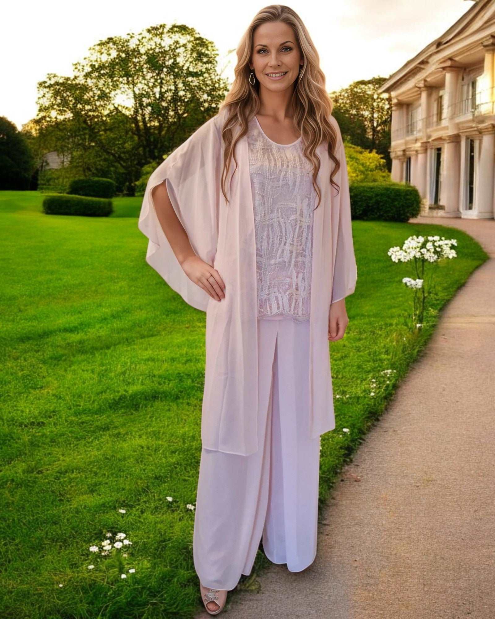 Mother of the bride 3 piece trouser suit from Lizabella is in blush pink colour, chiffon wide leg trousers, sleeveless lace round neck top with chiffon lightweight jacket