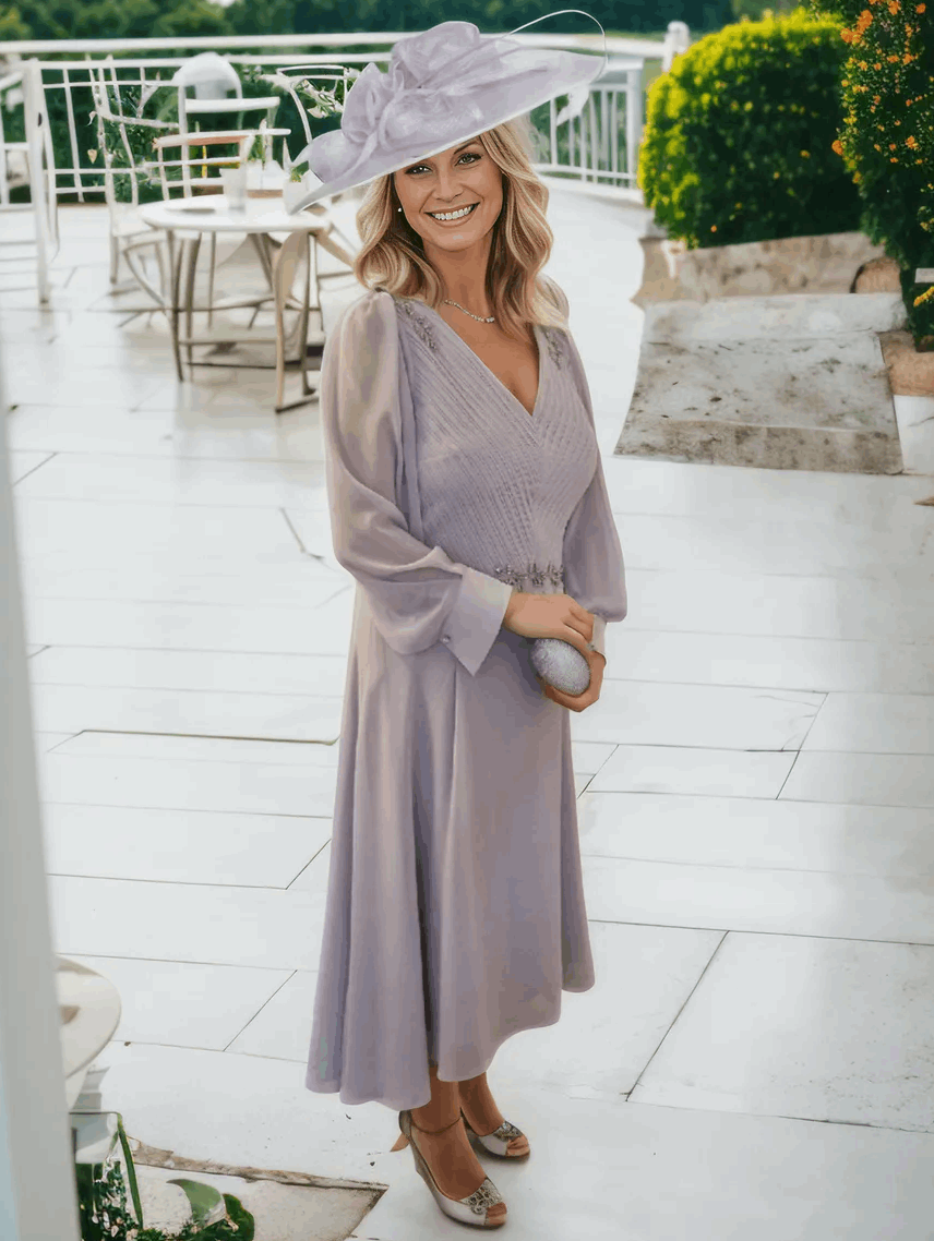 Silver chiffon Mother of the Bride dress with long sleeves, V-neck. The full skirt is finished with sparkling diamante at the waist.  is perfect for a wedding. 