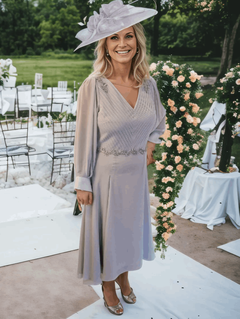 Silver chiffon Mother of the Bride dress with long sleeves, V-neck. The full skirt is finished with sparkling diamante at the waist.  is perfect for a wedding. 