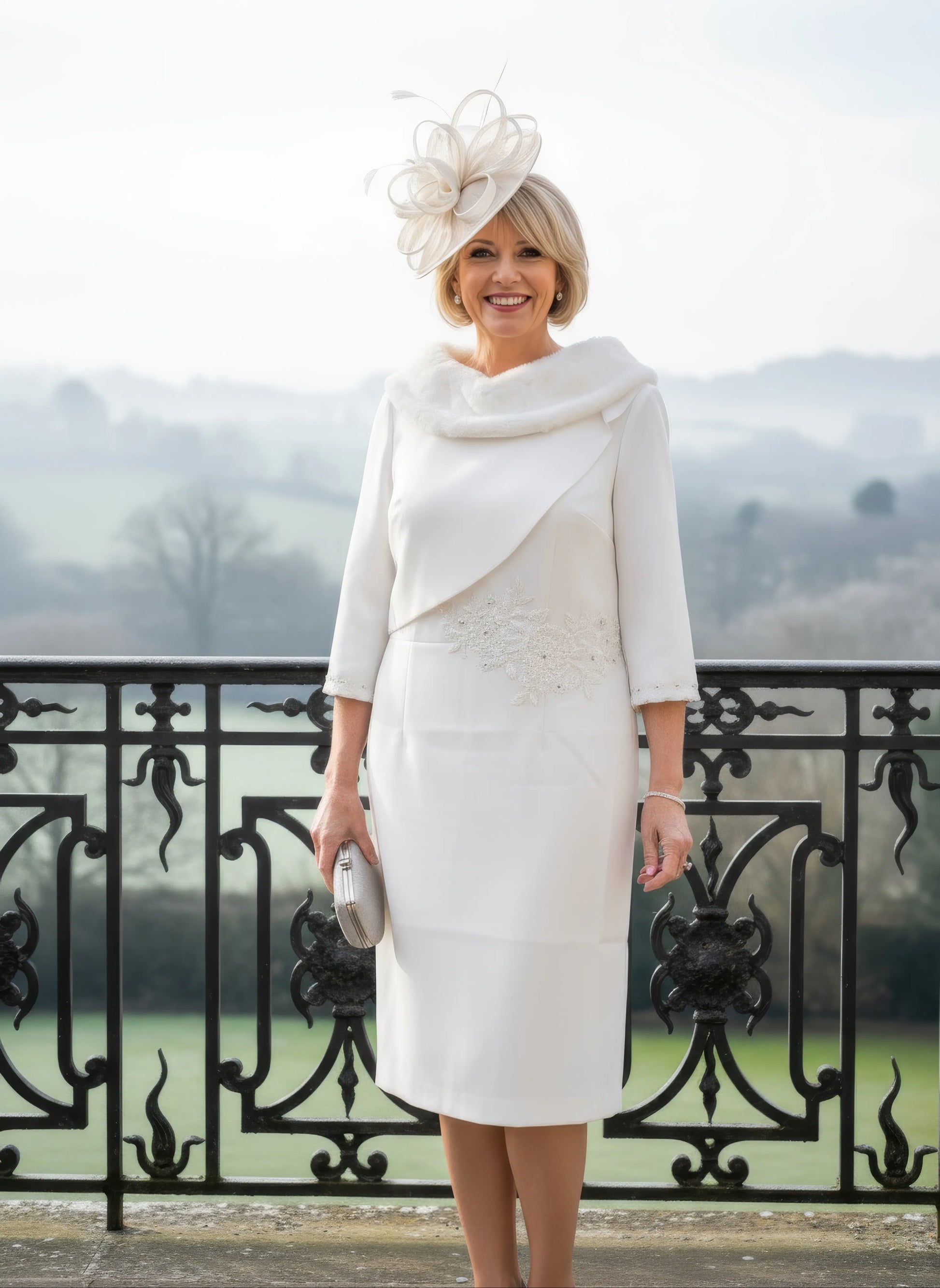 Woman in a white fur bridal dress with a matching hat standing on a balcony with a scenic background.