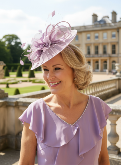 Woman in a lilac mother of the bride dress with ruffled details and a matching hat standing on a stone balcony with a garden view.
