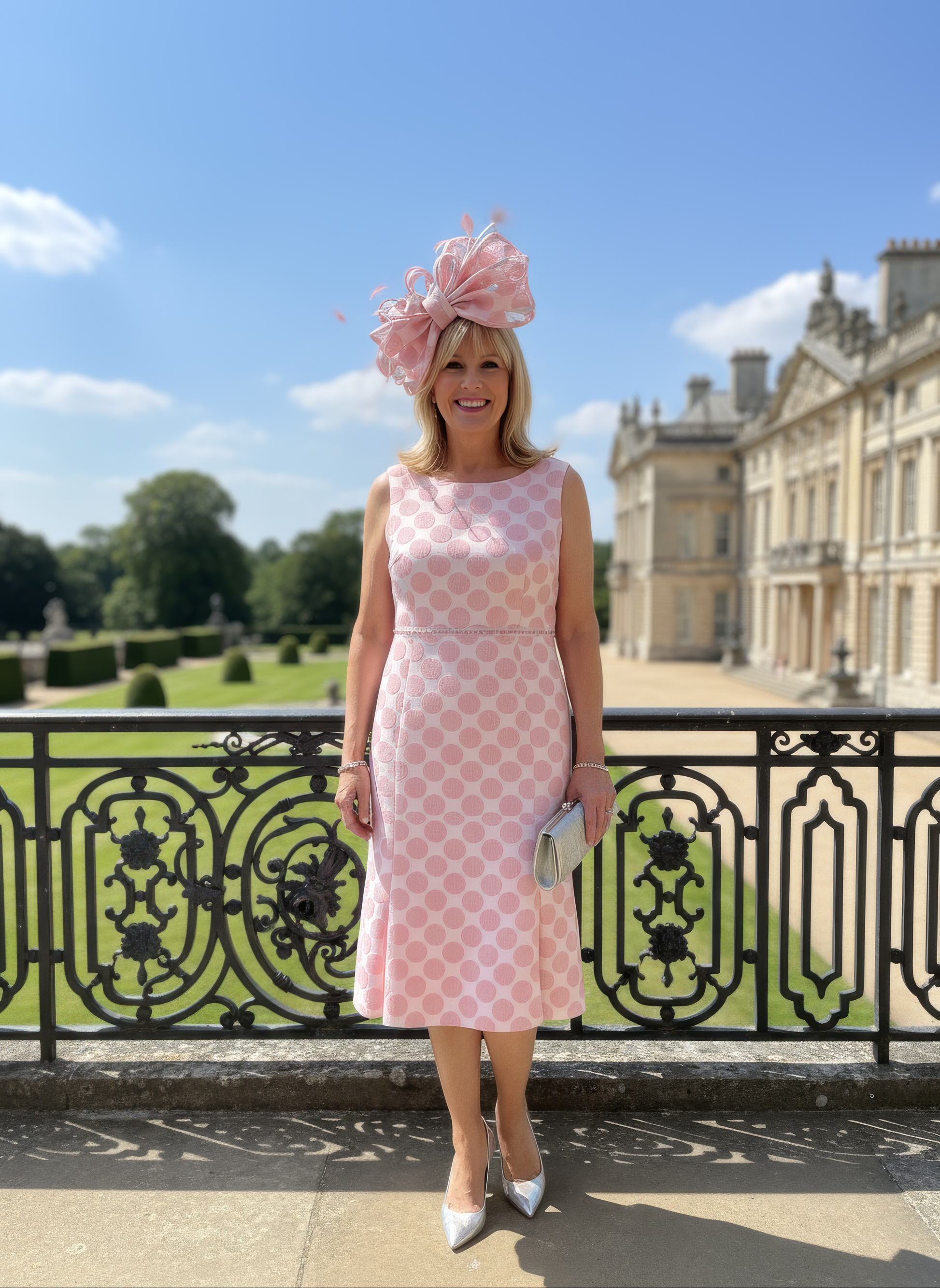 Woman in a Lizabella Mother of the bride 2 piece pink polka dot dress. Signature Dress