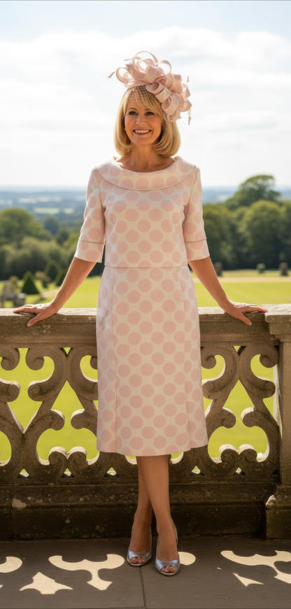 Woman in a Lizabella Mother of the bride 2 piece pink polka dot dress. Signature Dress