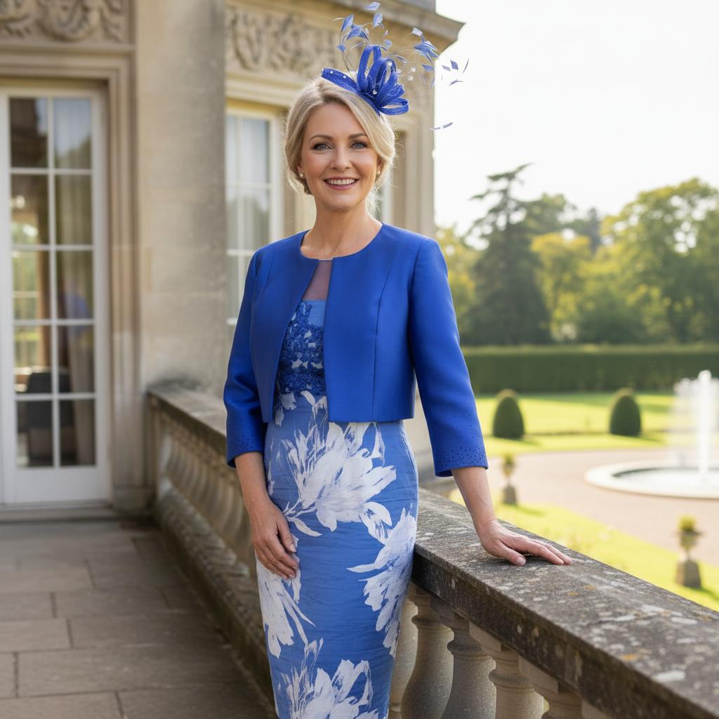 Woman in a cobalt blue mother of the bride dress with a matching jacket and headpiece, standing in front of a classical building. Signature Dress