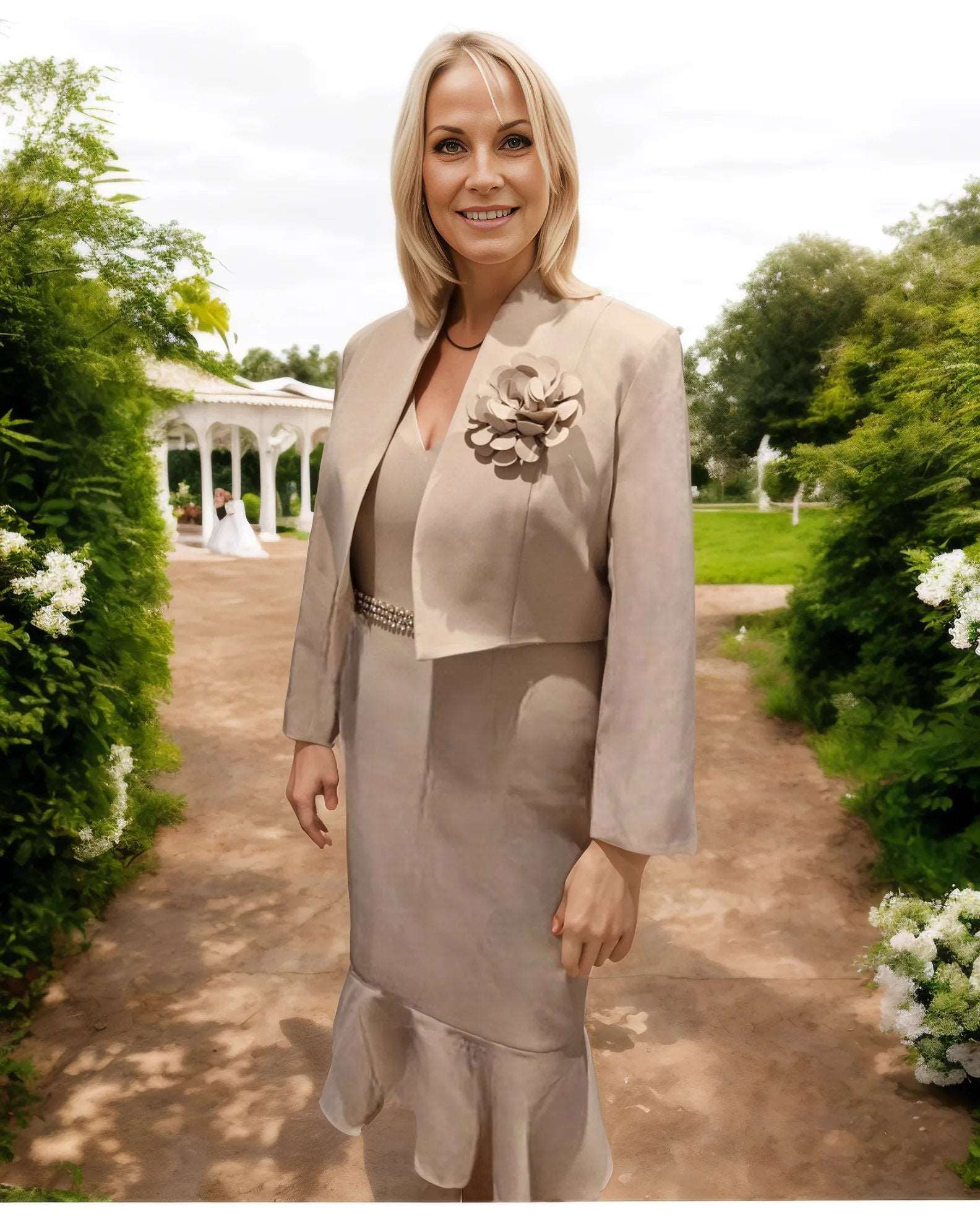 Mascara Dress Jacket Taupe - This jacket comes with the option of a flower accessory. shift dress with a flattering kick hem and embellished stones. 