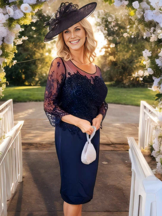 Ideal for mothers of the bride/groom of any age, this fashionable Mascara Navy shift dress 3/4 lace sleeves adorned with beaded waist embellishments. 