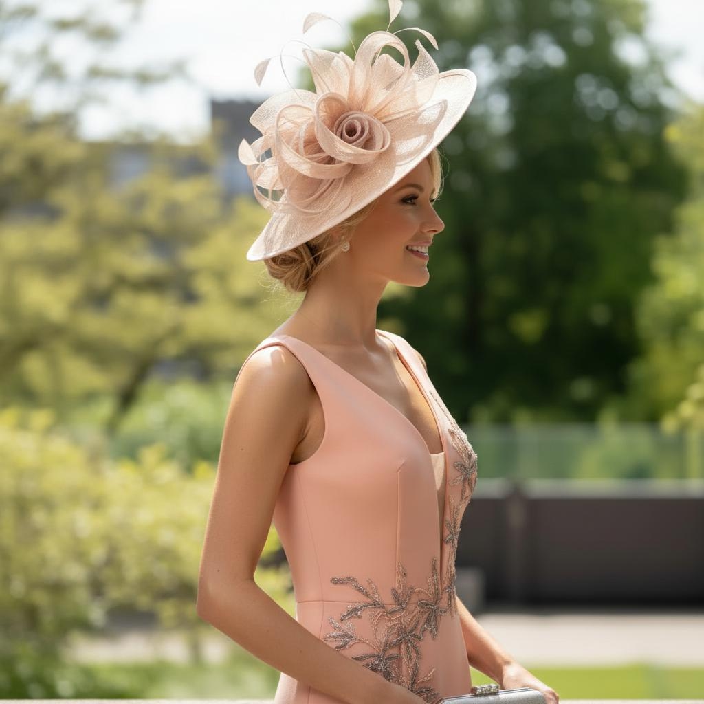 woman in a mascara peach special occasion dress. Signature dress.