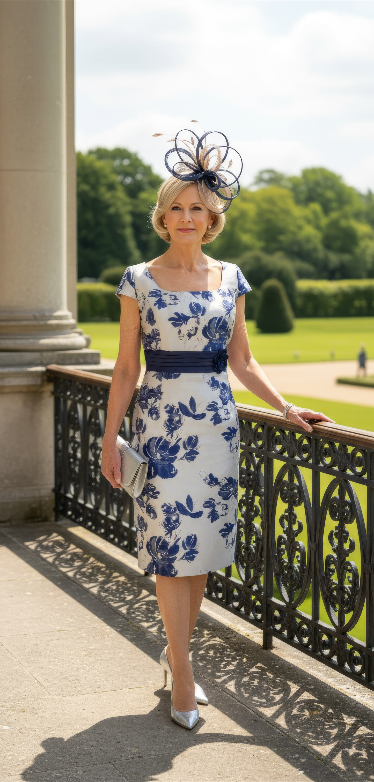 Woman in a blue and white floral dress standing on a balcony with greenery in the background