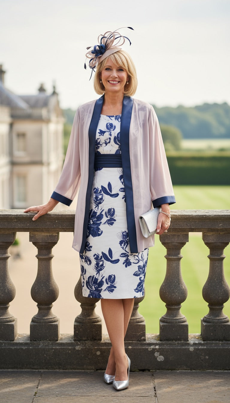 Woman in a floral dress and beige cardigan standing on a balcony with a scenic background