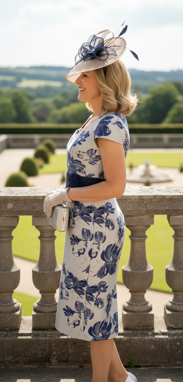 Woman in a blue and white floral dress with a decorative hat standing on a balcony with a scenic background.