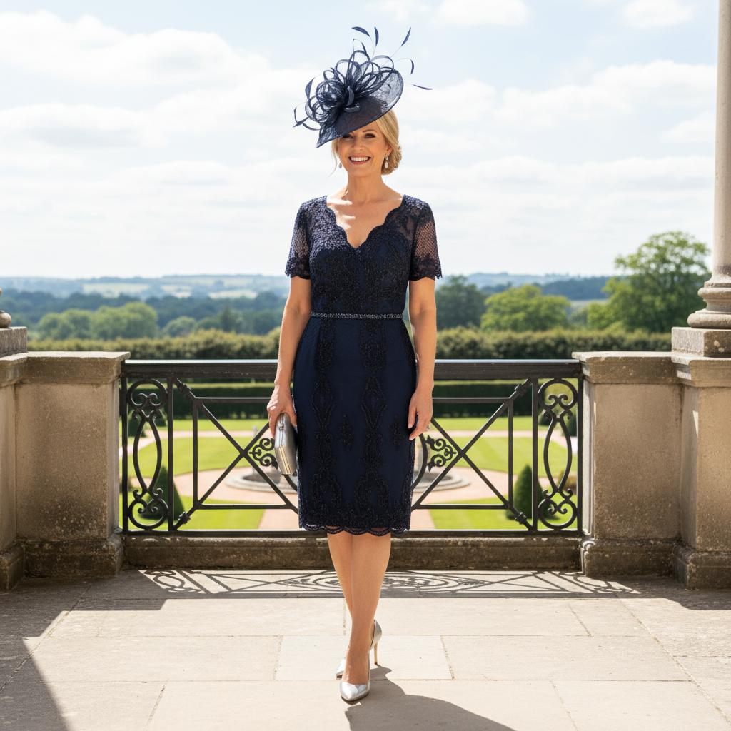 Woman in a navy lace mother of the bride dress. Signature Dress