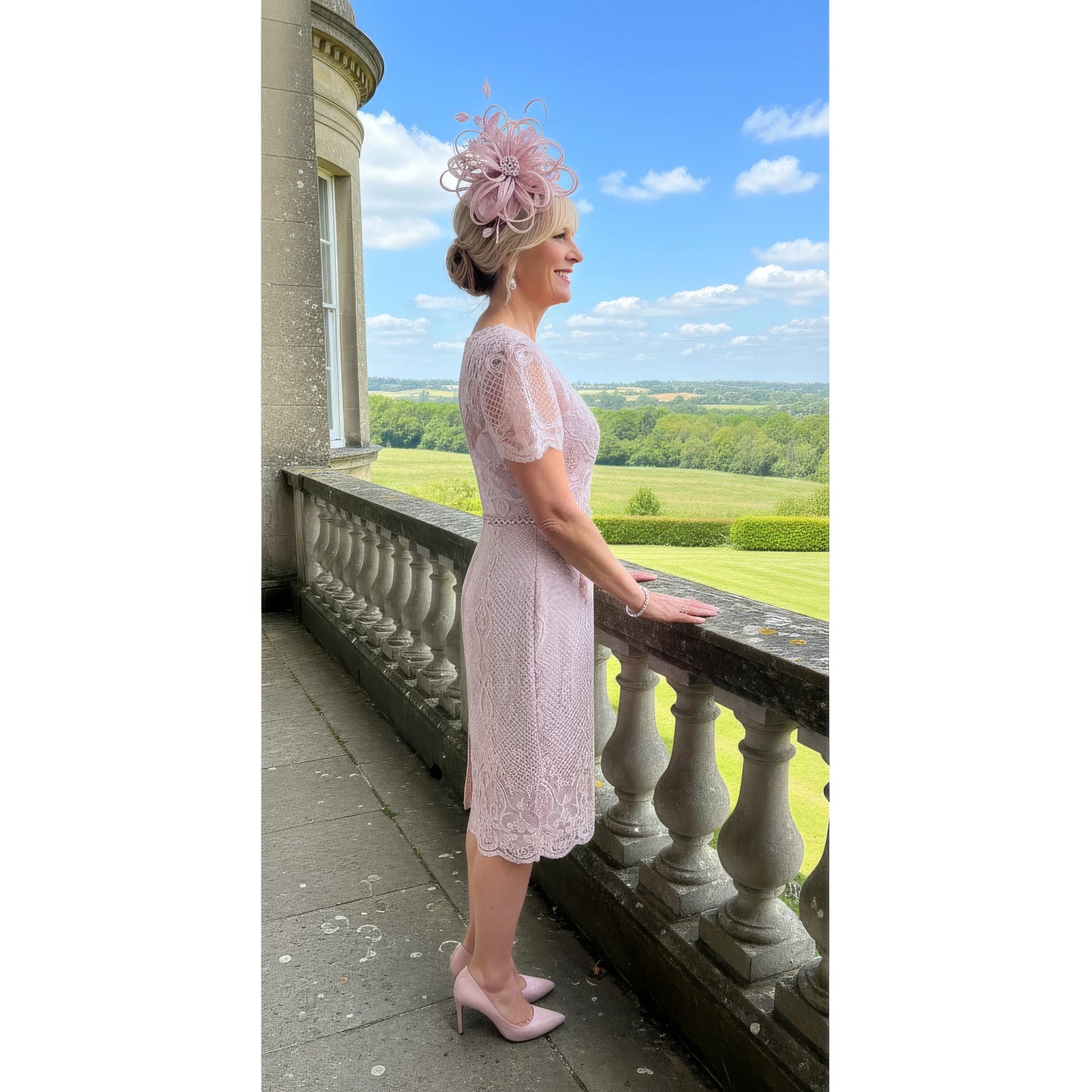 Pink Mascara mother of the bride lace dress with short sleeves