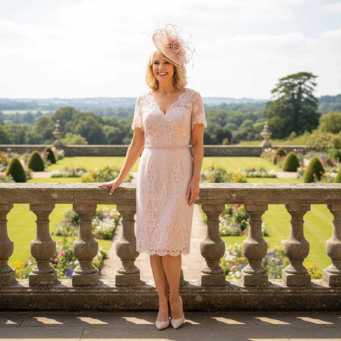 Pink Mascara mother of the bride lace dress with short sleeves