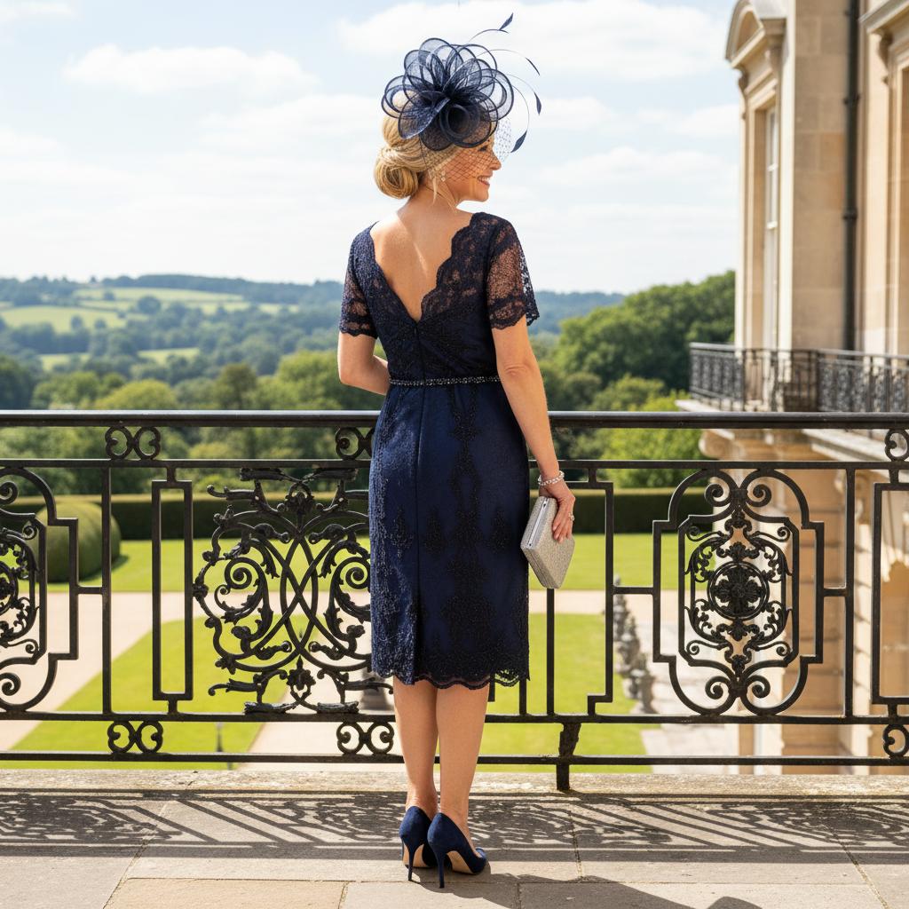 Woman in a navy lace mother of the bride dress. Signature Dress