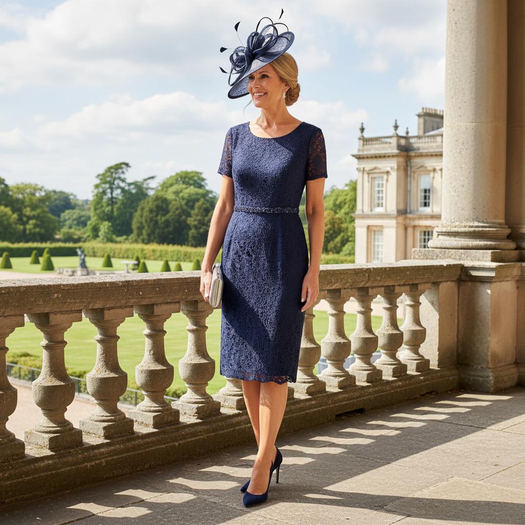 Woman in a mascara navy mother of the bride dress and matching jacket with a navy fascinator hat, standing outdoors. Signature Dress