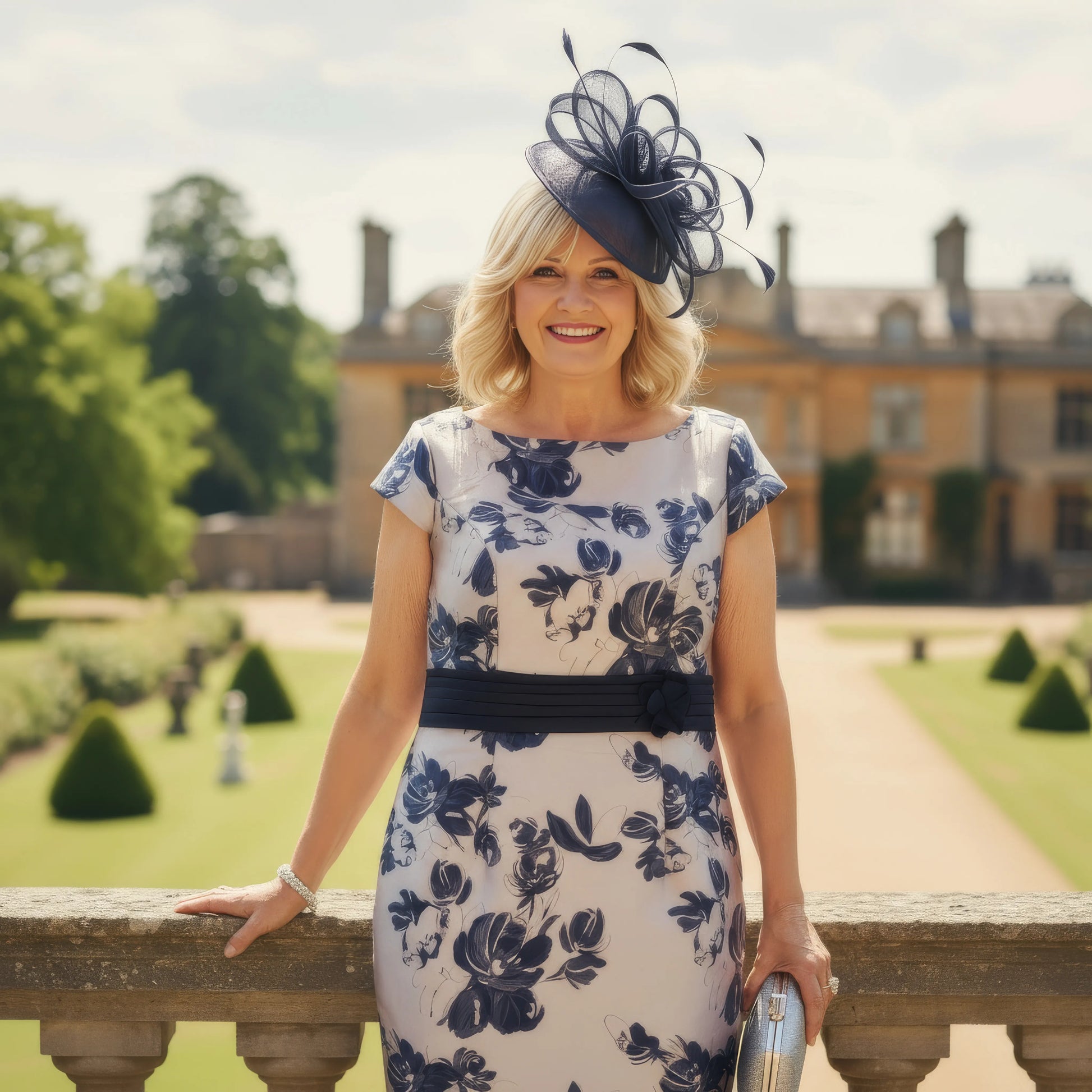 Woman in a floral navy mother of the bride dress and hat standing in a garden with a building in the background