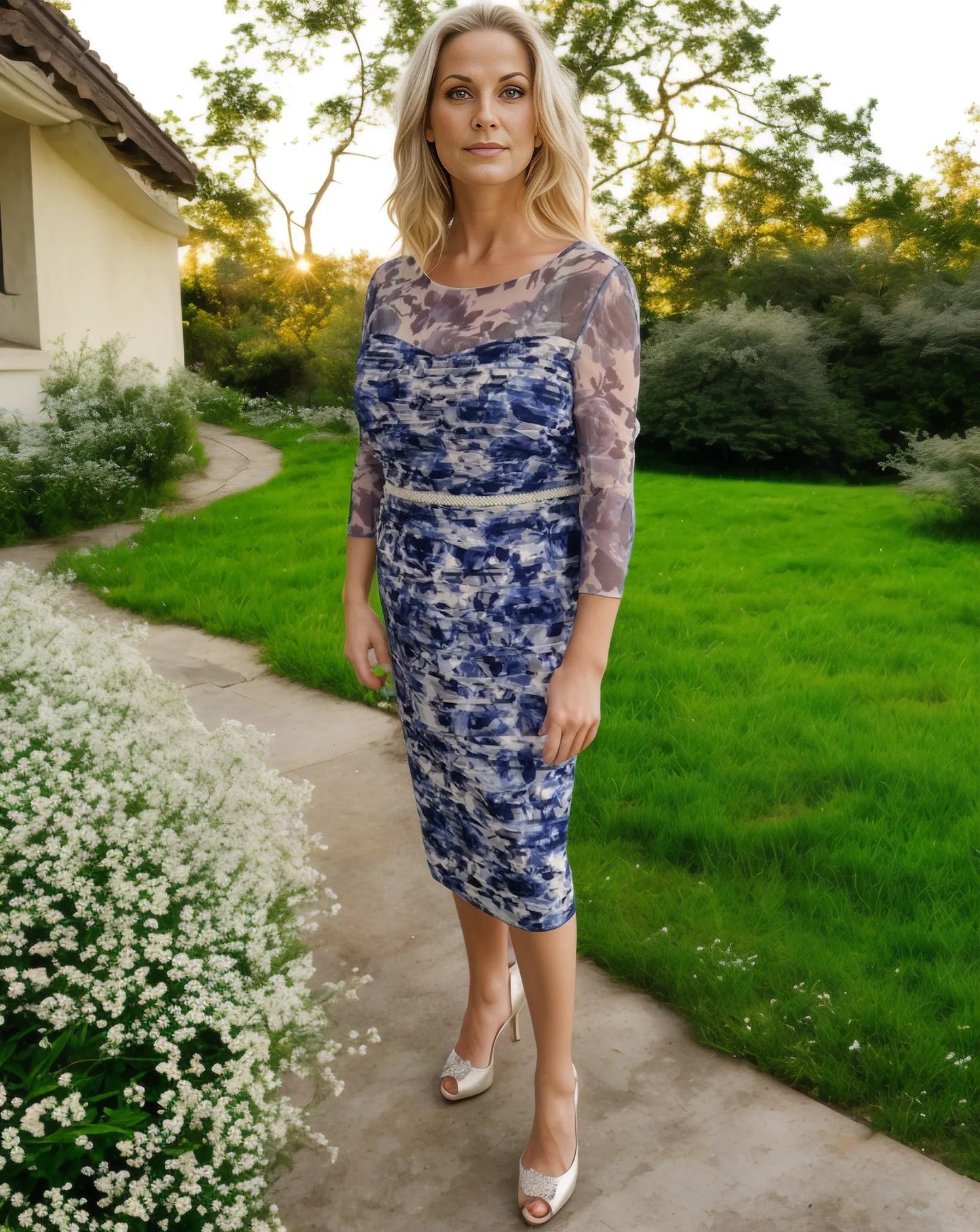 Special occasion dress by condici in navy lace with embellished waistband, mockle print and comes with a bold navy chiffon jacket, perfect 2 piece for a wedding as a mother of the bride.