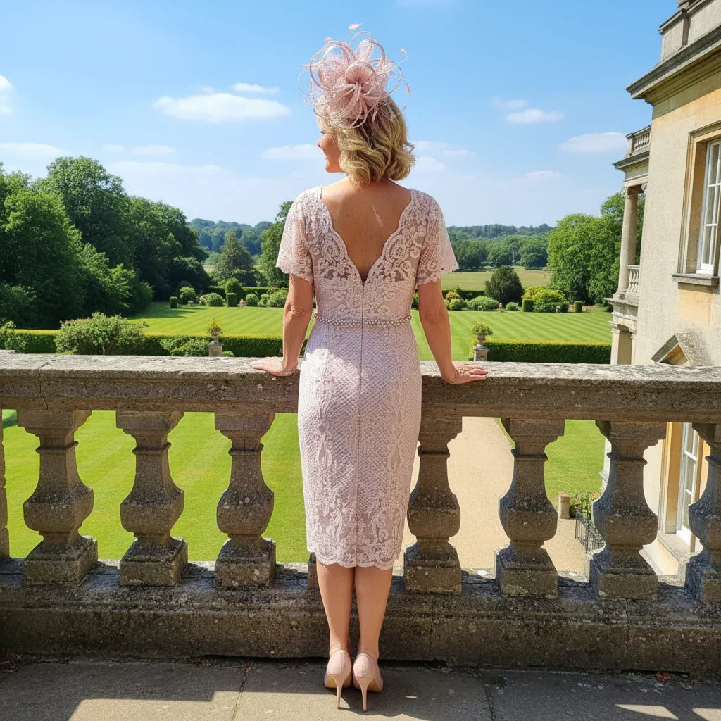 Pink Mascara mother of the bride lace dress with short sleeves