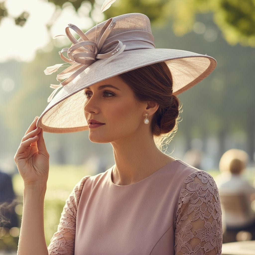 Woman wearing a large blush pint hat, decorative hat in an outdoor wedding setting