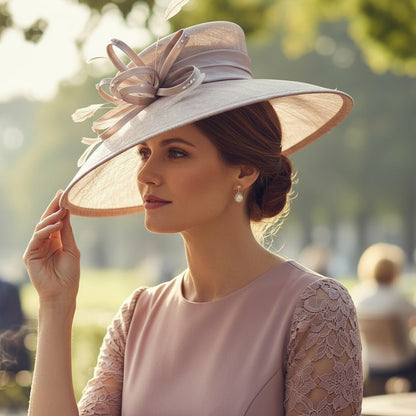 Woman wearing a large blush pint hat, decorative hat in an outdoor wedding setting