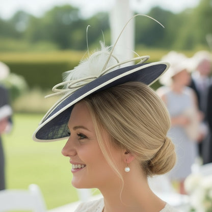 SC20 NAVY IVORY FASCINATOR - EMBELLISHED WITH FEATHERS SIGNATURE DRESS