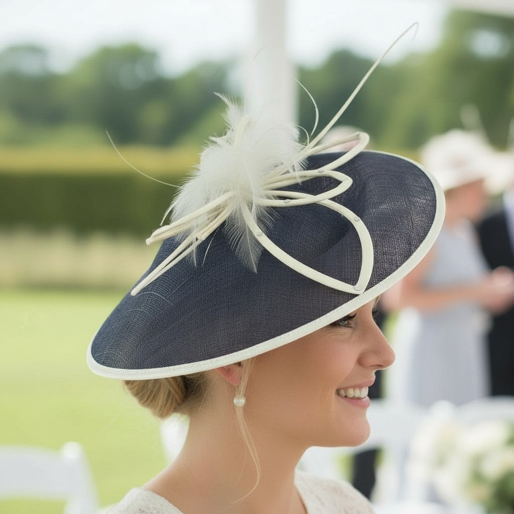 SC20 NAVY IVORY FASCINATOR - EMBELLISHED WITH FEATHERS SIGNATURE DRESS