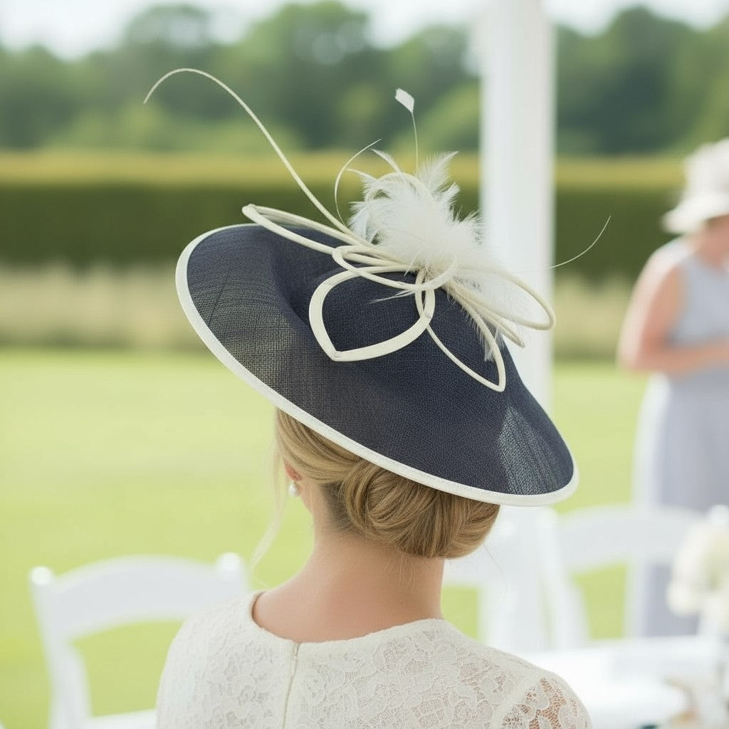 SC20 NAVY IVORY FASCINATOR - EMBELLISHED WITH FEATHERS SIGNATURE DRESS