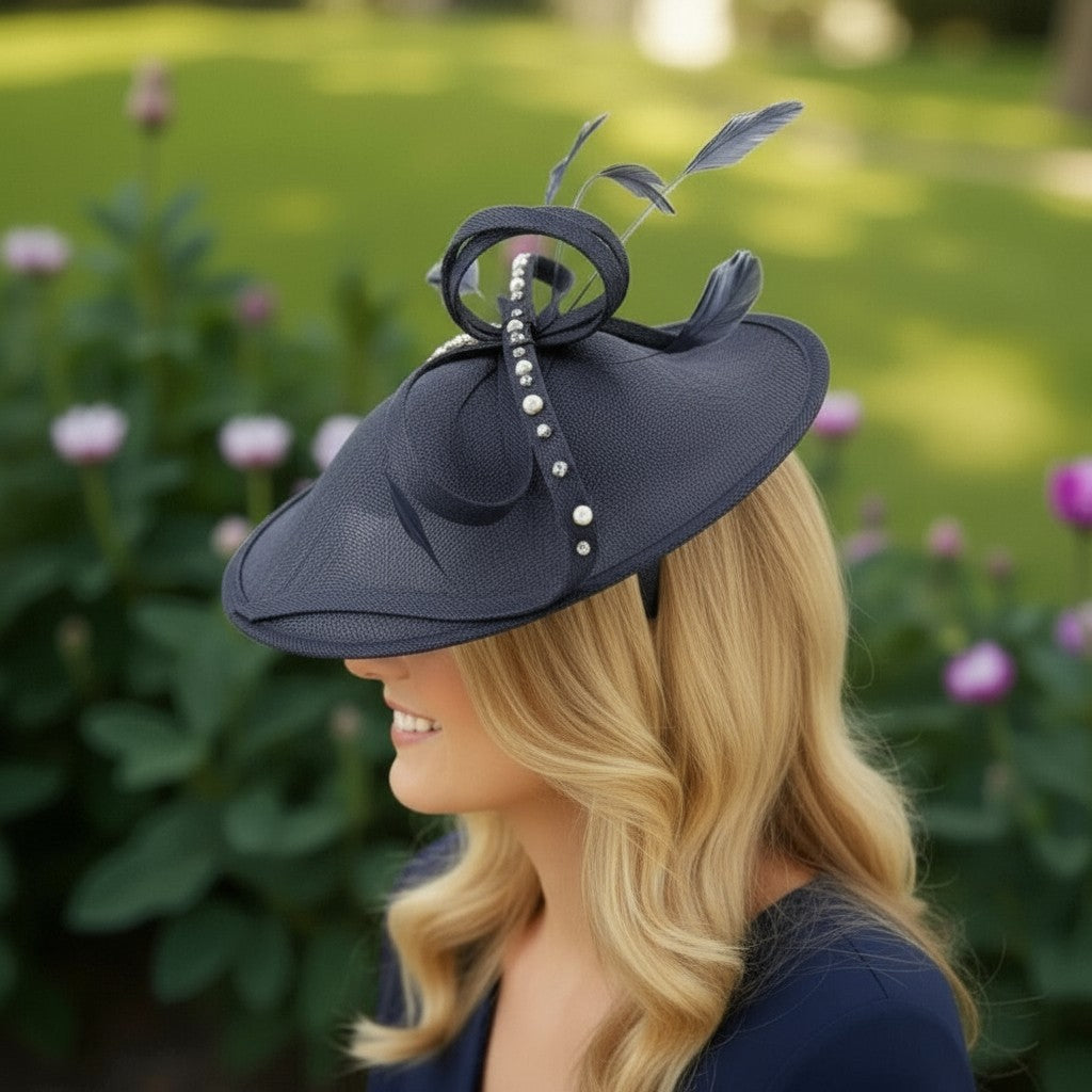 Woman wearing a dark blue decorative hat with feathers against a blurred garden background
