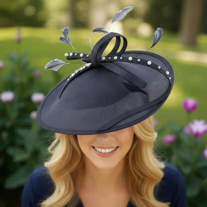 large Navy fascinator embellishe wedding hat - Signature Dress