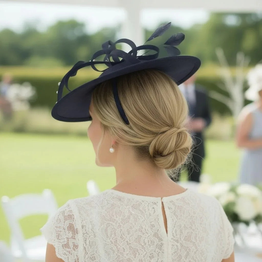 Woman wearing a navy blue hat with decorative elements outdoors