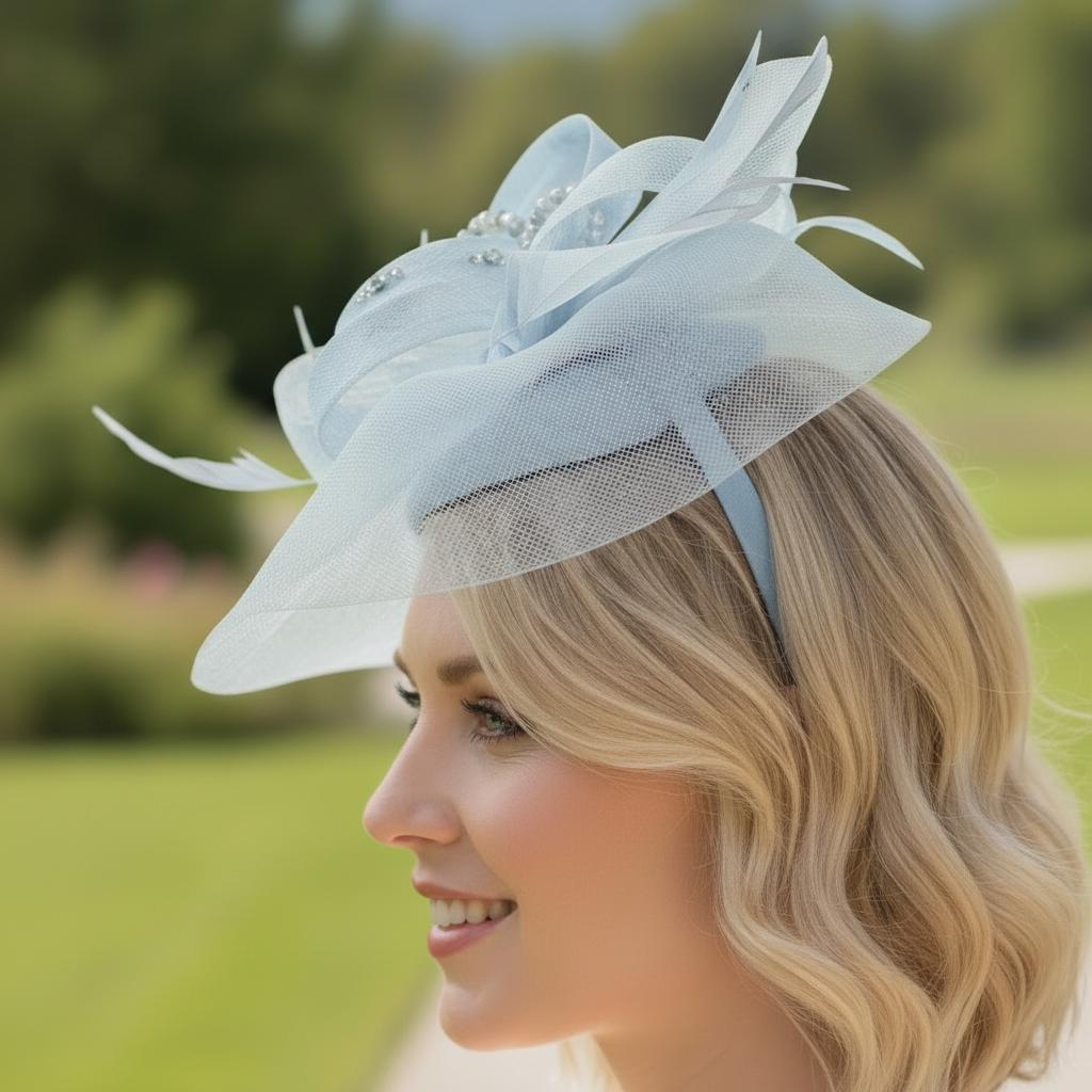 Woman wearing a light blue fascinator that has embellishments and a bespoke finish. Made by Signature Dress