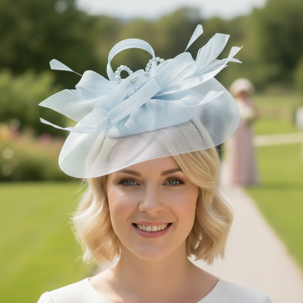 Woman wearing a light blue fascinator that has embellishments and a bespoke finish. Made by Signature Dress